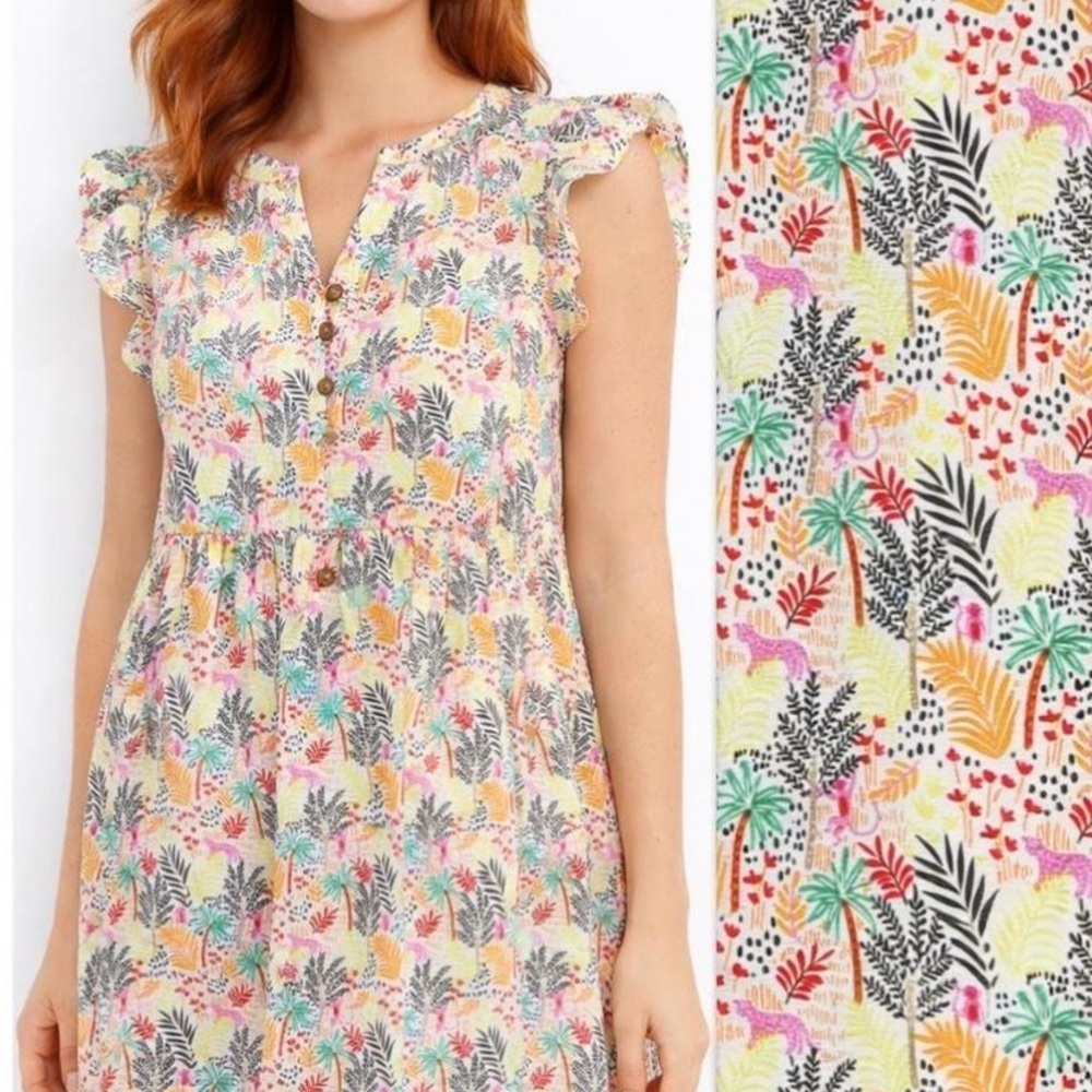 LOFT Tropical Novelty Animal/Jungle
Ruffle Button Mini Shift Dress Large